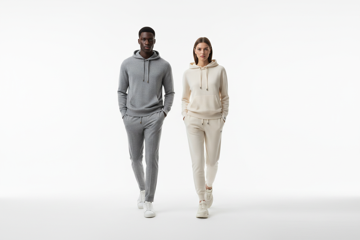 Models in grey and cream sets walking forward for hero banner